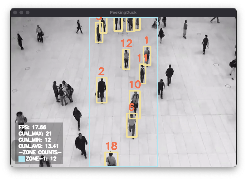 PeekingDuck screenshot - count people walking in a zone